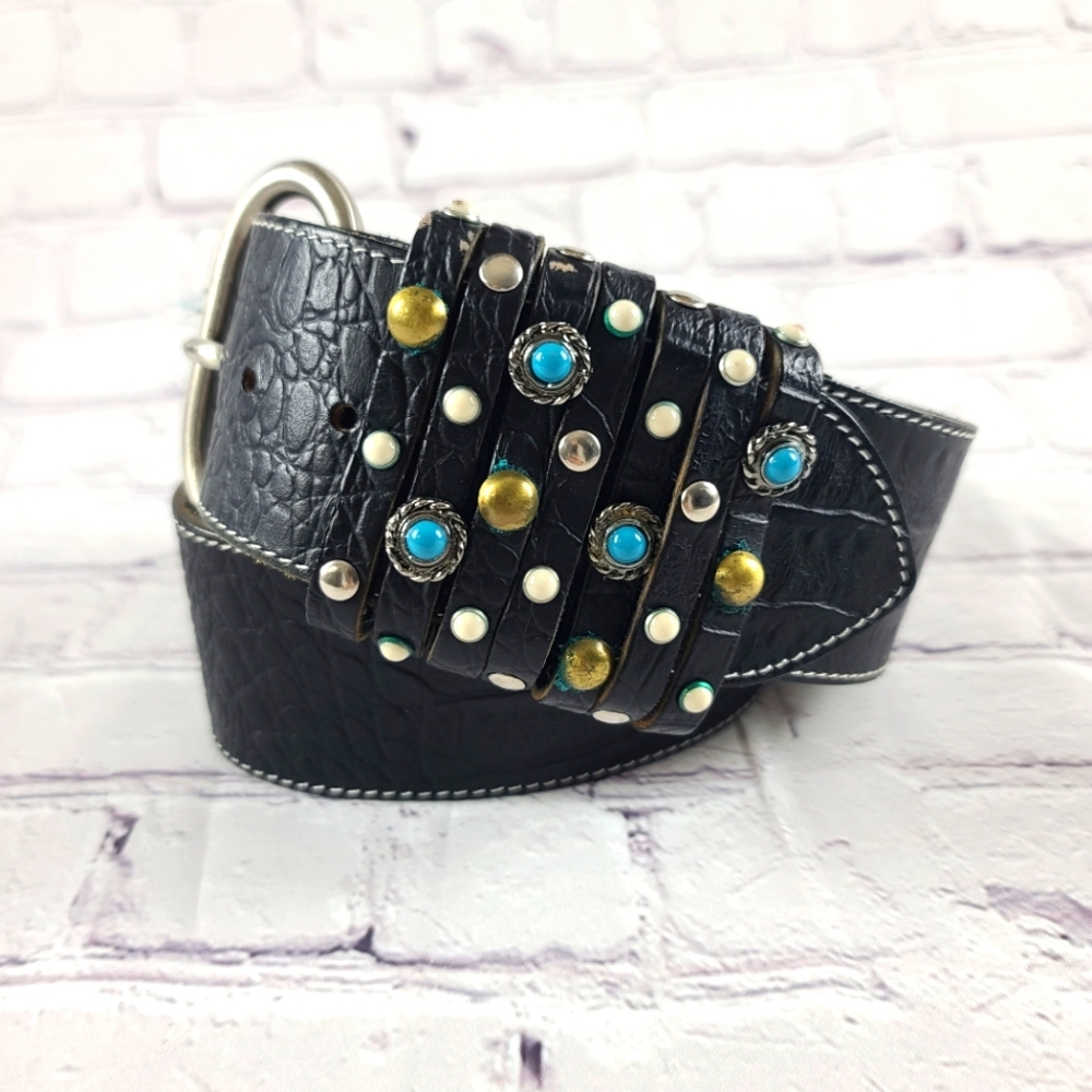 Locomotive by Dopia Vita Embellished Wide Black Leather Belt